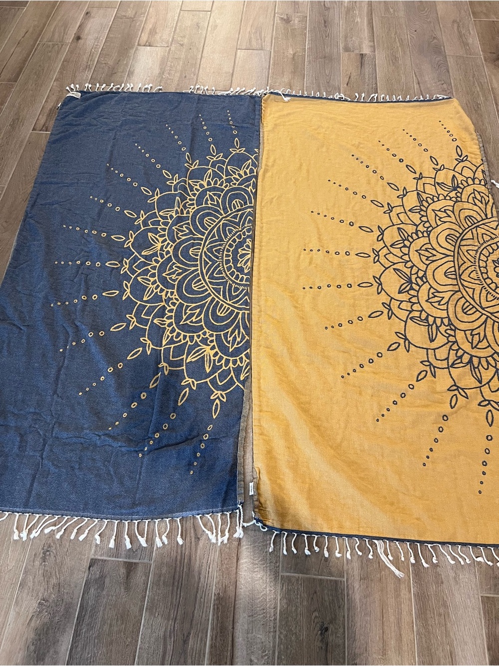 TWO Reversible Navy and Mustard Mandala Beach Towel - Dual-Sided Design